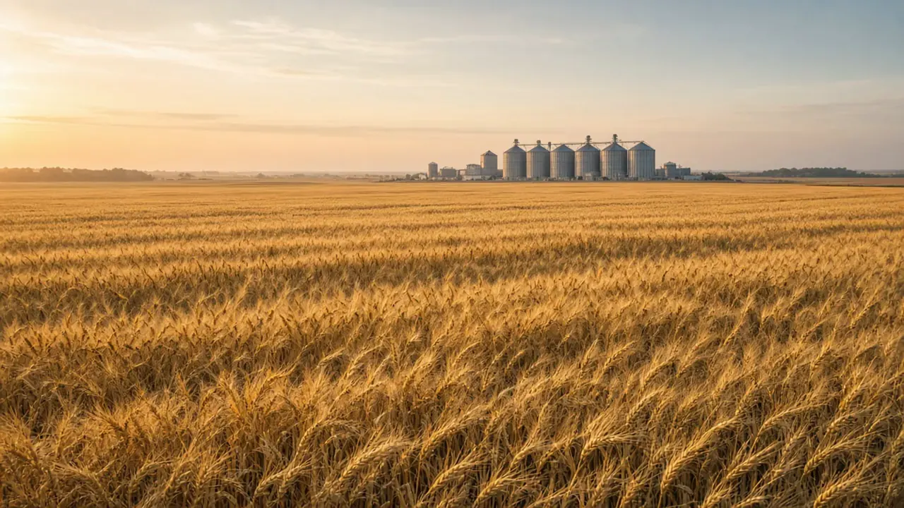 Champ de blé et silos à grain au soleil couchant