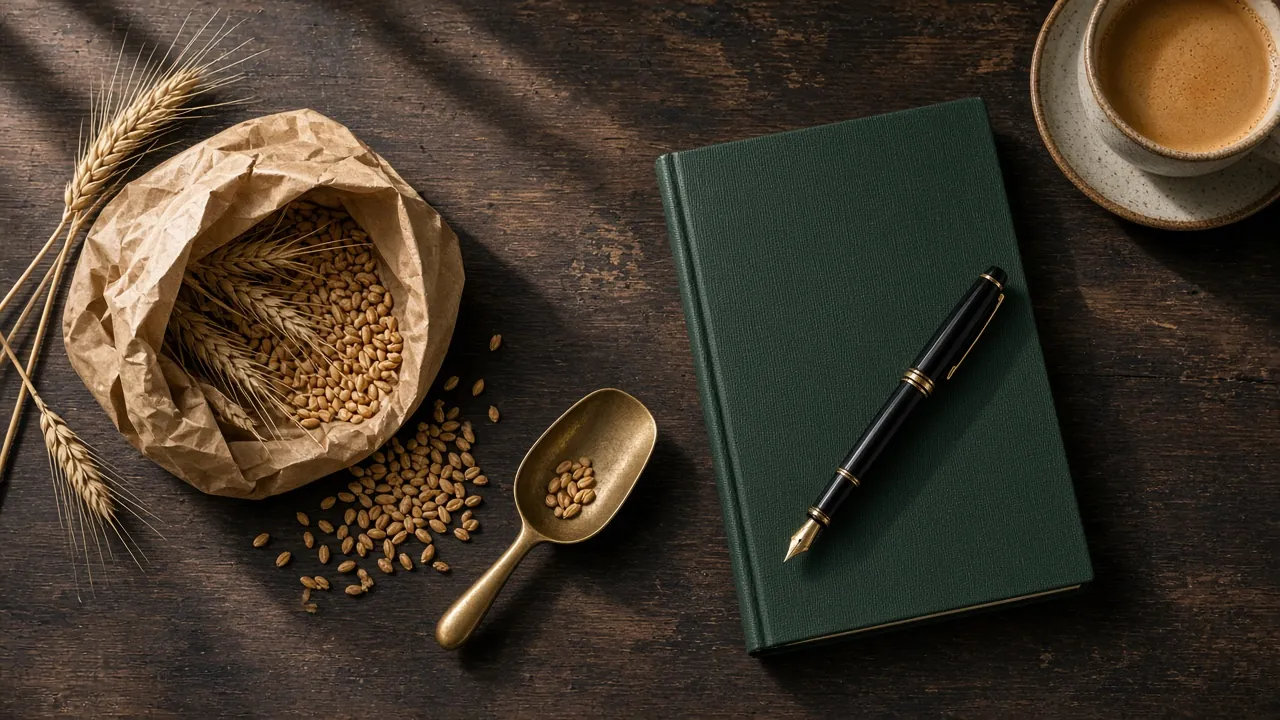 Sac d'échantillon de blé, pelle à grain et carnet sur un bureau