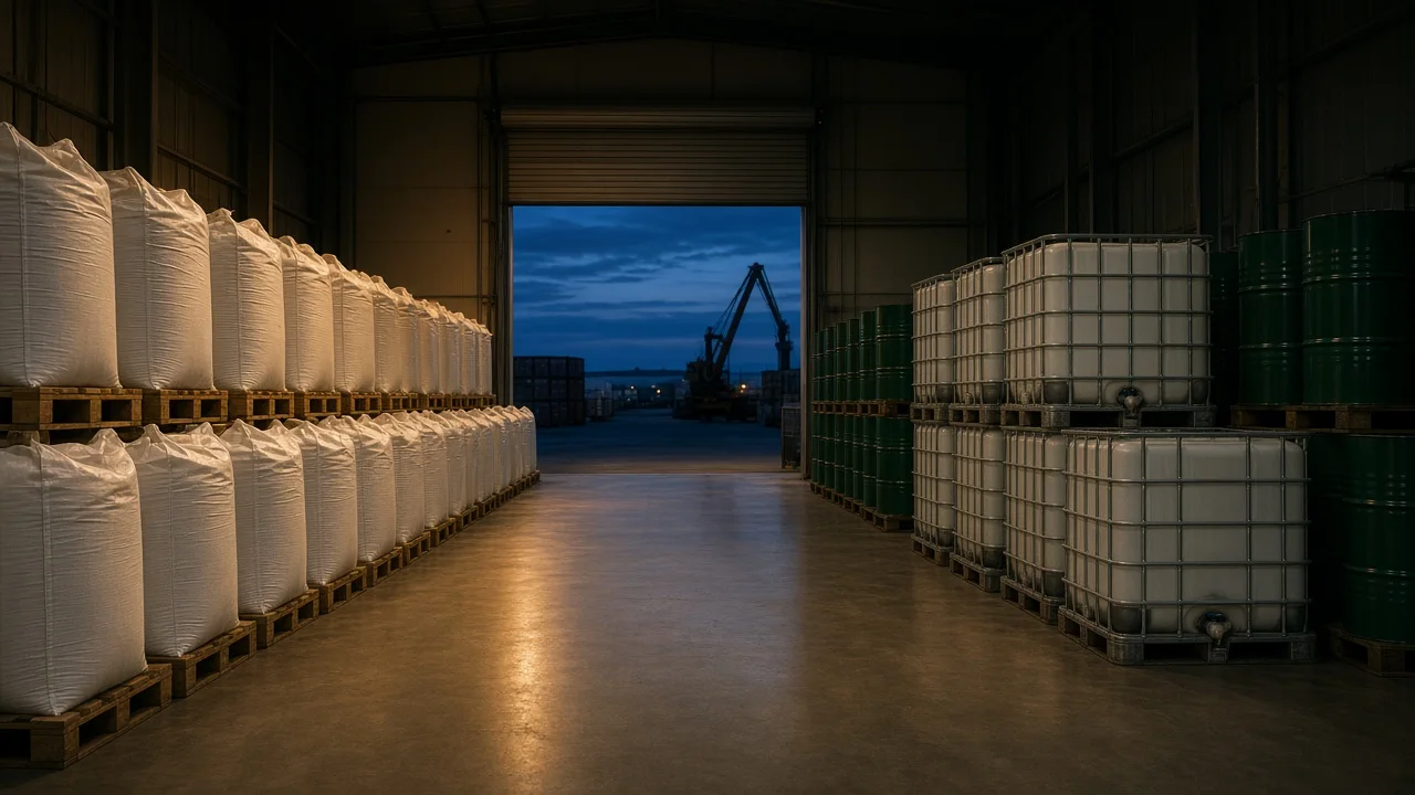 Entrepôt de matières premières avec big bags sur palettes, cuves IBC et fûts verts, quai ouvert sur le port