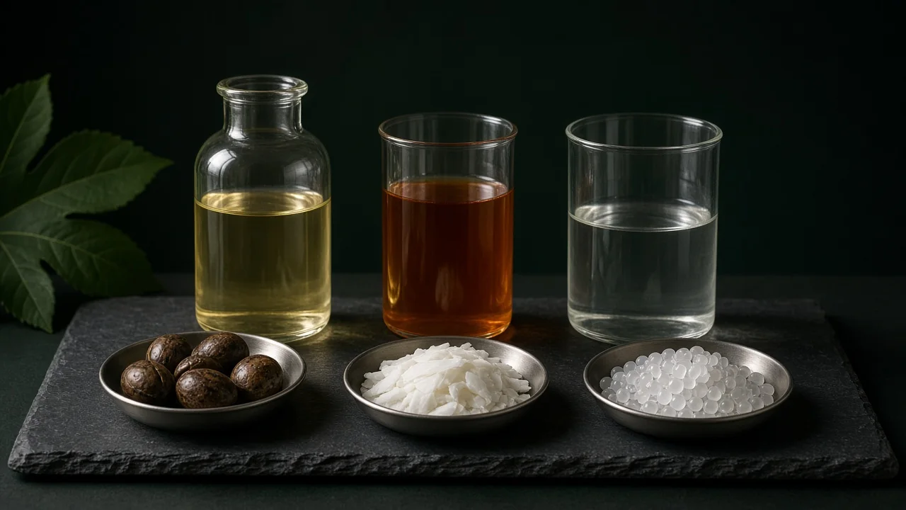 Verrerie d'huile de ricin, de polyol et de glycérine, graines de ricin, paillettes et granulés sur une ardoise