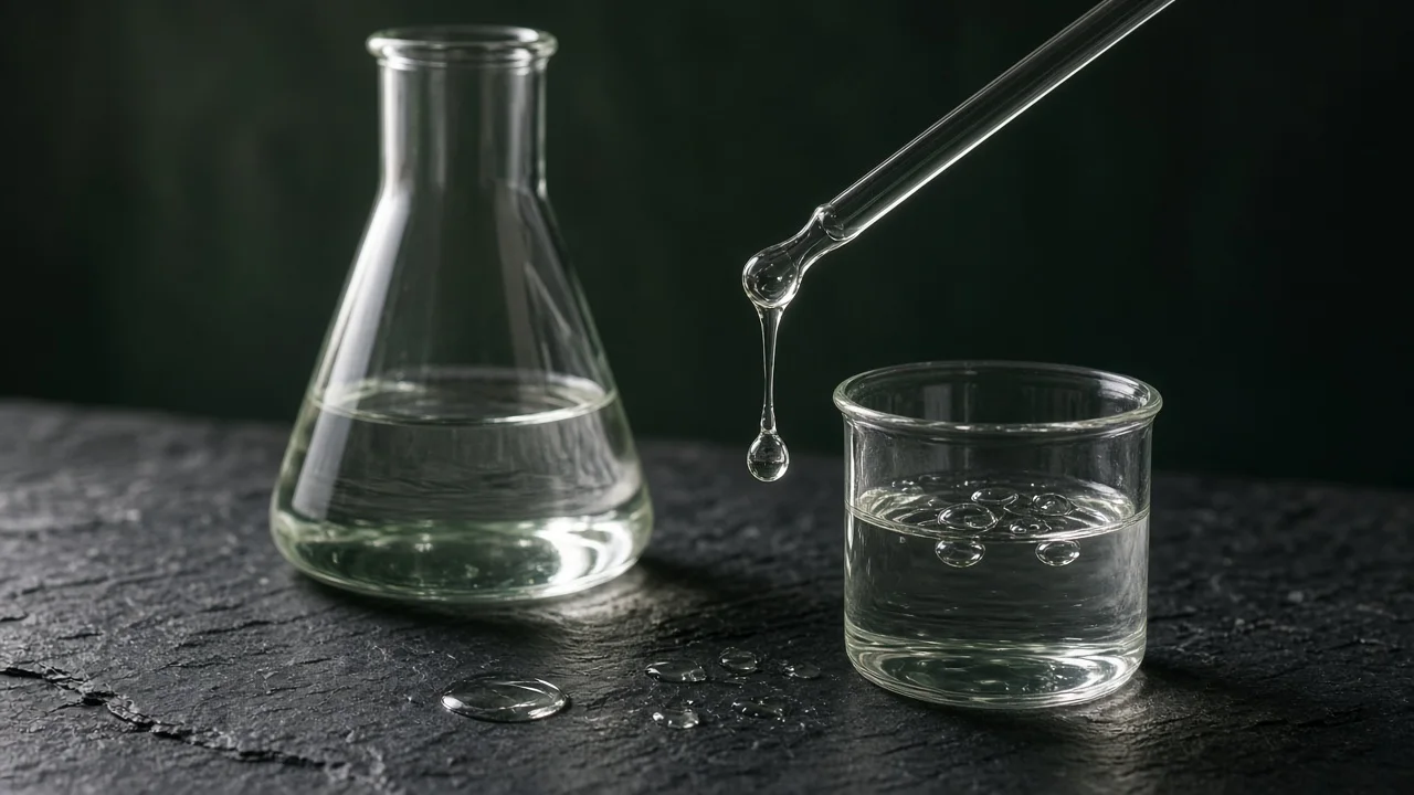 Erlenmeyer et bécher de glycérine limpide, goutte épaisse tombant d'une pipette sur une ardoise