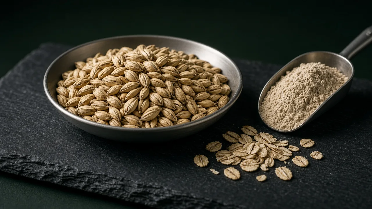 Grains d'orge maltée dans une coupelle en acier, pelle de farine de malt et flocons sur une ardoise