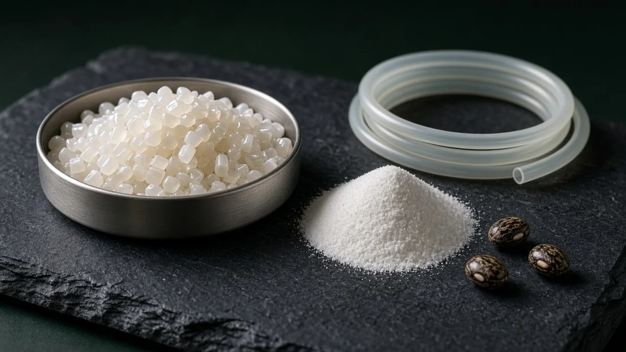 Granulés de polyamide translucides dans une coupelle, poudre blanche, tube souple et graines de ricin