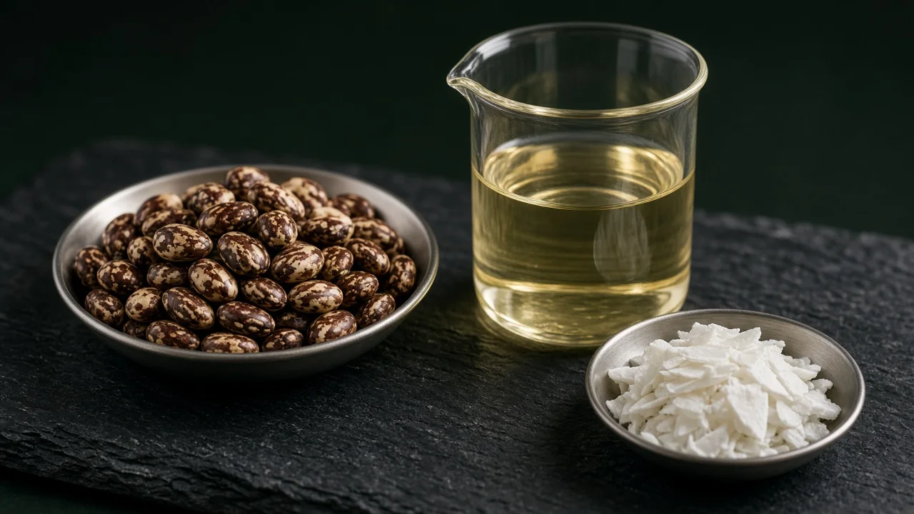 Graines de ricin, bécher d'huile de ricin dorée et paillettes d'huile hydrogénée sur une ardoise