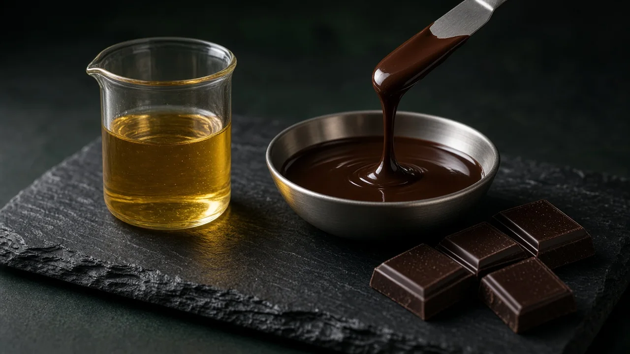 Bécher d'émulsifiant ambré et chocolat fondu coulant d'une spatule, carrés de chocolat sur une ardoise