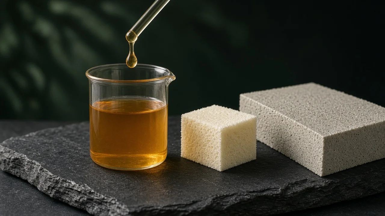 Bécher de polyol ambré, goutte visqueuse, cube de mousse souple et plaque de mousse rigide sur une ardoise